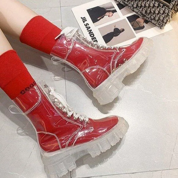 Women sock slip on lace up clear short platform boots