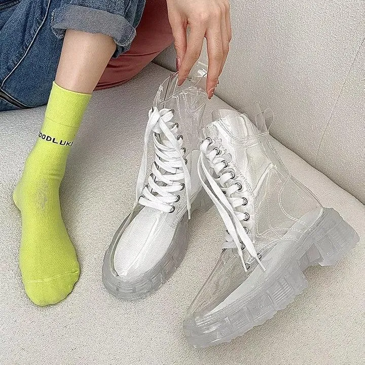 Women sock slip on lace up clear short platform boots