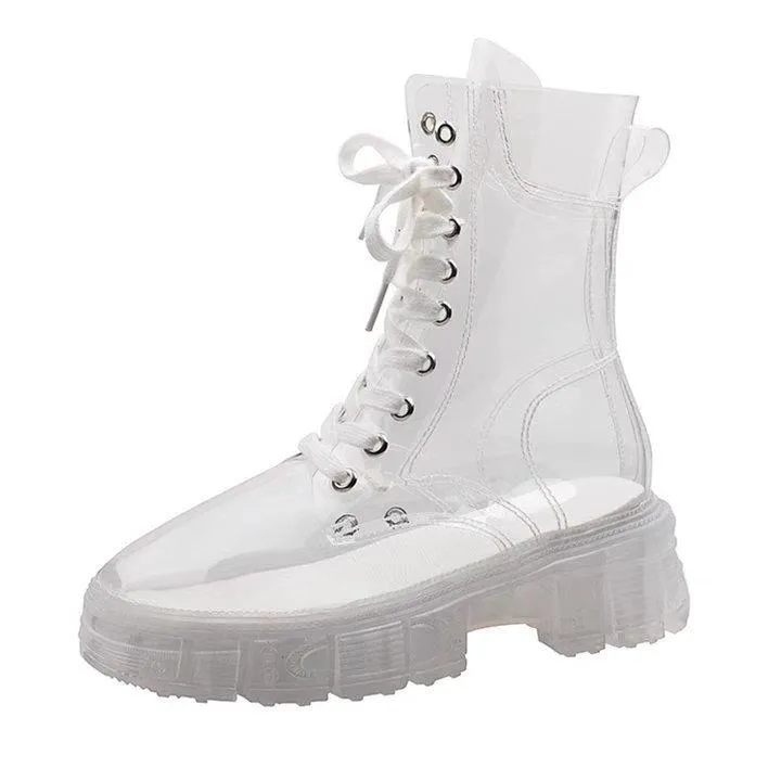 Women sock slip on lace up clear short platform boots