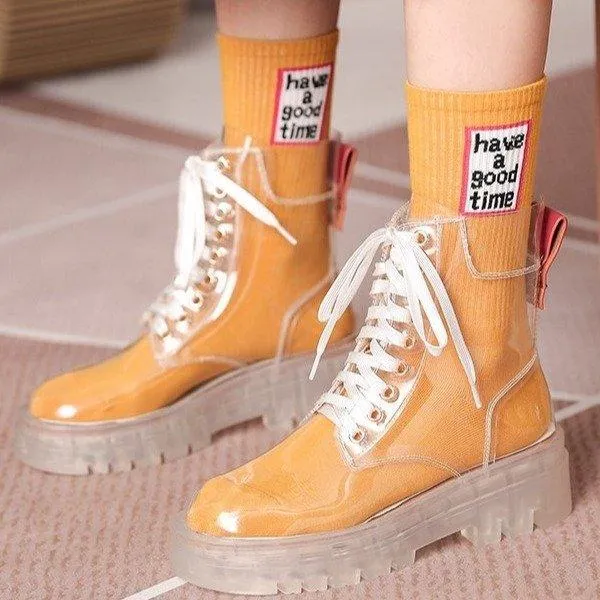 Women sock slip on lace up clear short platform boots