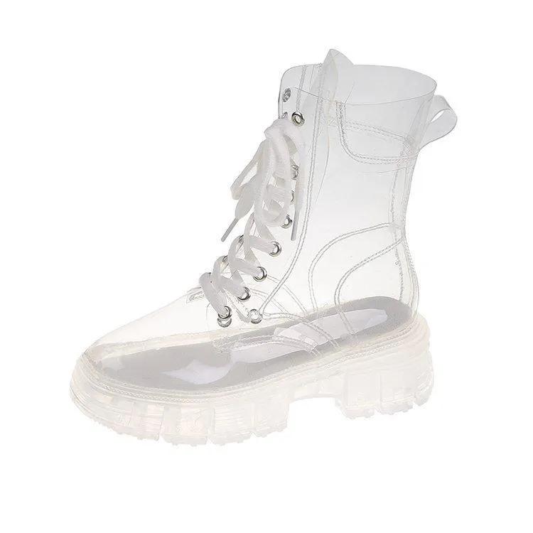 Women sock slip on lace up clear short platform boots