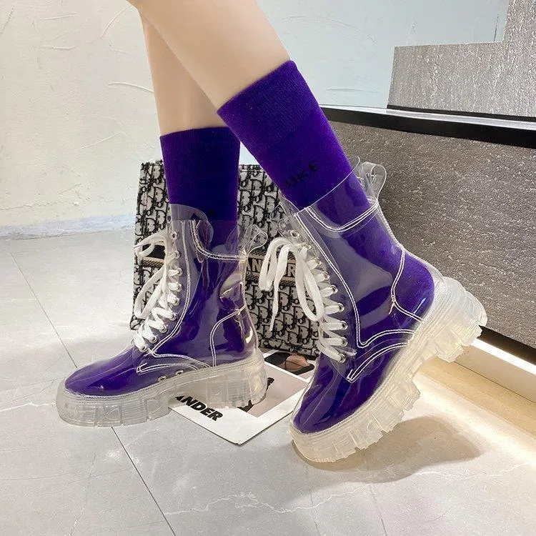 Women sock slip on lace up clear short platform boots