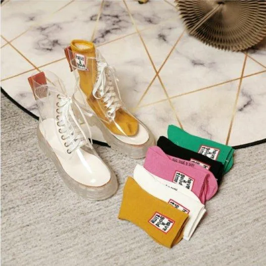 Women sock slip on lace up clear short platform boots