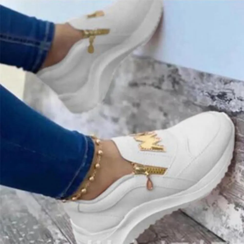 Women Sport Shoes Thick Bottom Solid Color Ladies Vulcanized Sneakers Casual Wedge Walking Shoes Slip On Zipper Women Shoes