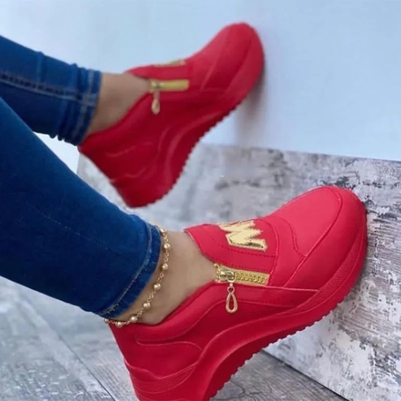 Women Sport Shoes Thick Bottom Solid Color Ladies Vulcanized Sneakers Casual Wedge Walking Shoes Slip On Zipper Women Shoes