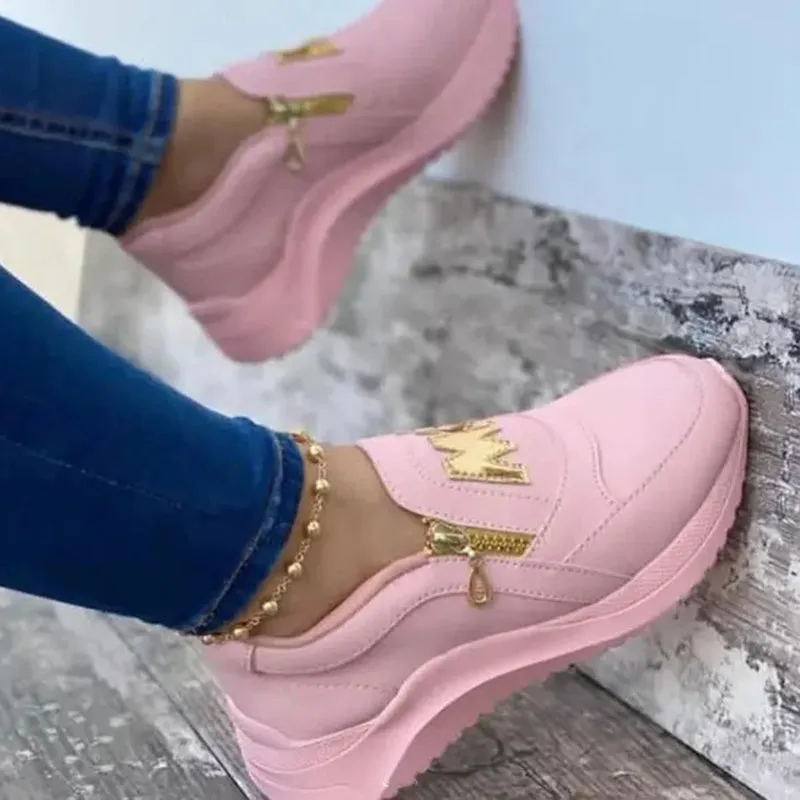 Women Sport Shoes Thick Bottom Solid Color Ladies Vulcanized Sneakers Casual Wedge Walking Shoes Slip On Zipper Women Shoes