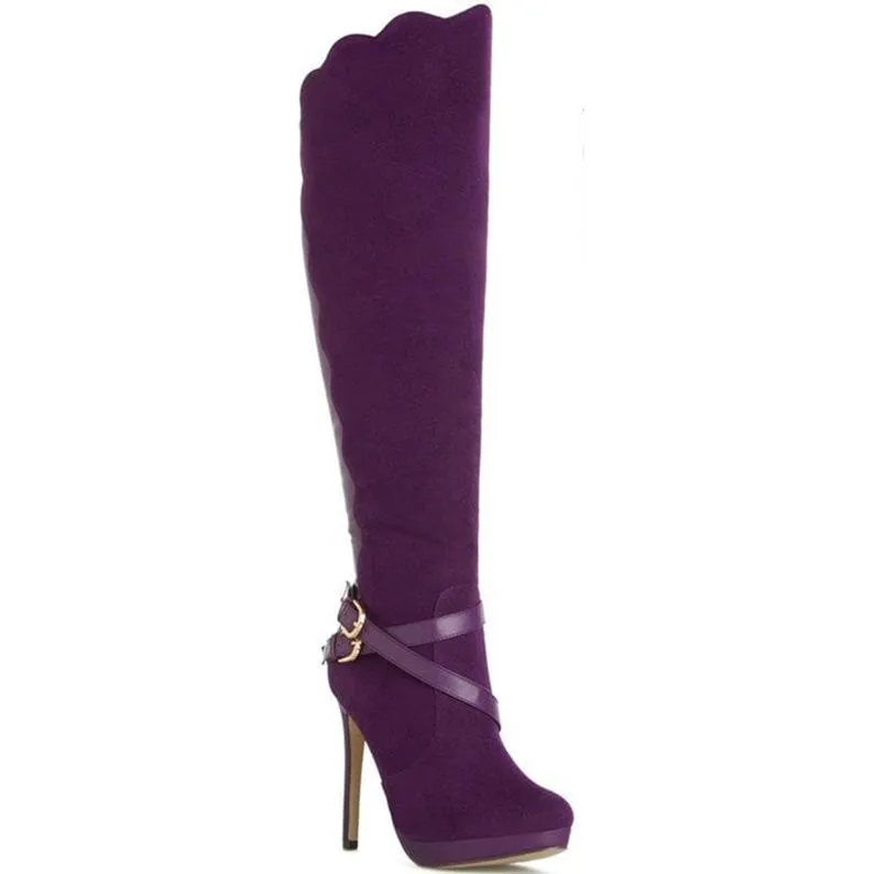 Women stiletto high heel criss cross buckle strap knee high boots