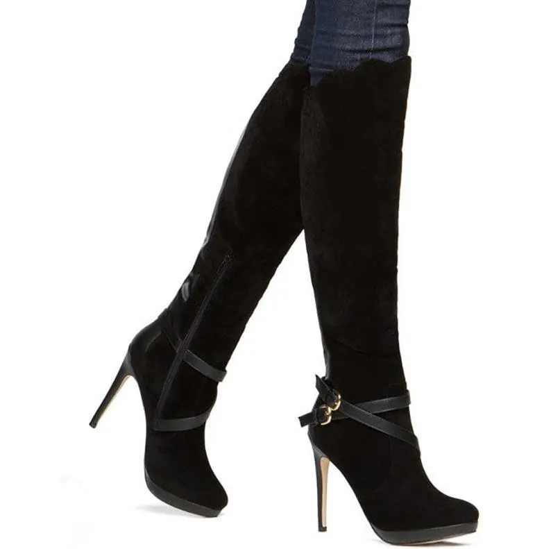 Women stiletto high heel criss cross buckle strap knee high boots