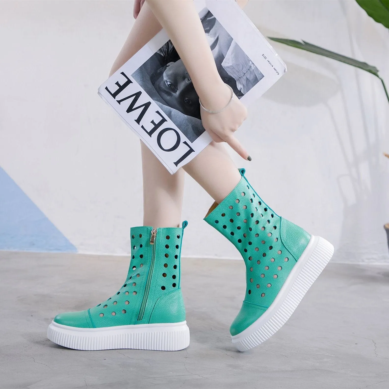 Women summer hollow breathable zipper mid calf platform boots