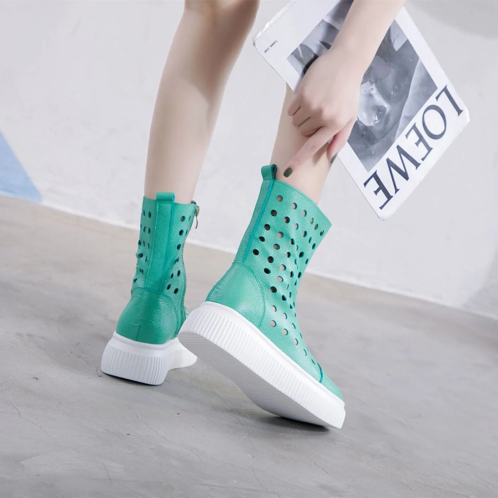 Women summer hollow breathable zipper mid calf platform boots