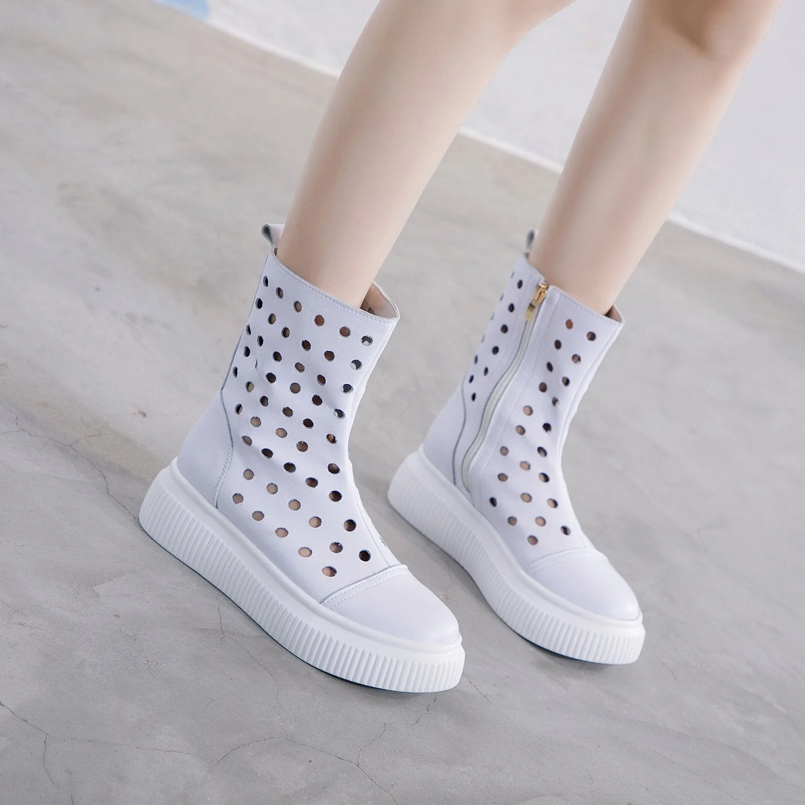 Women summer hollow breathable zipper mid calf platform boots