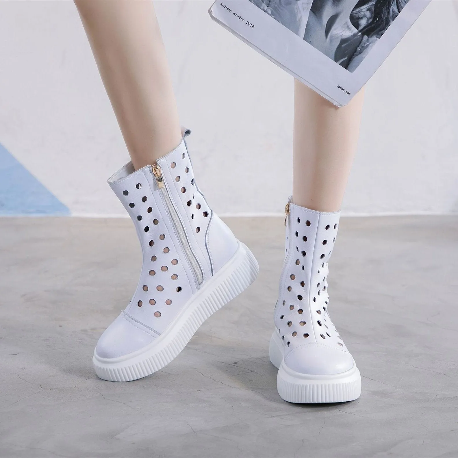 Women summer hollow breathable zipper mid calf platform boots