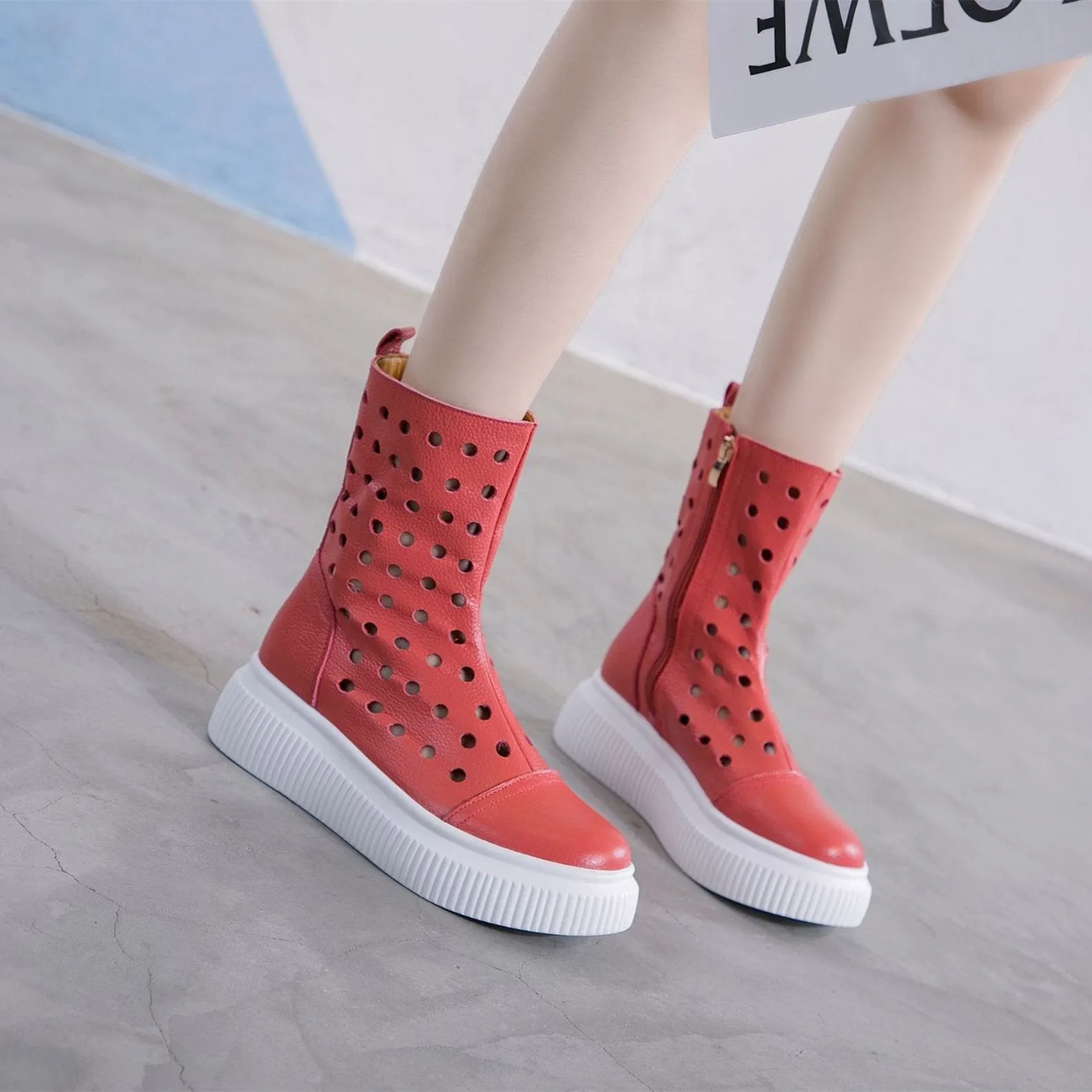 Women summer hollow breathable zipper mid calf platform boots