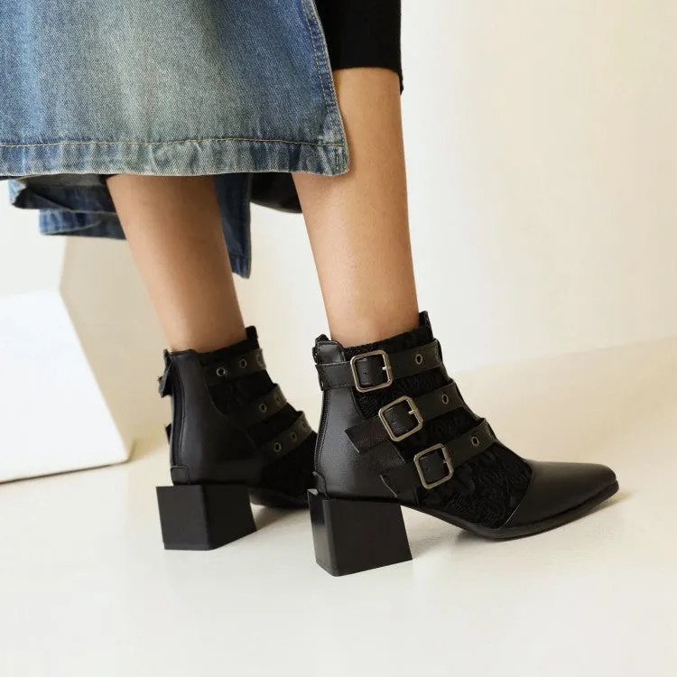 Women's Bicolor Pu Leather Pointed Toe Buckles Block Heel Short Boots