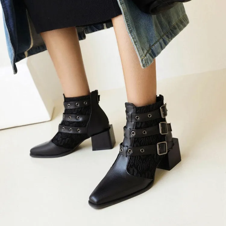 Women's Bicolor Pu Leather Pointed Toe Buckles Block Heel Short Boots