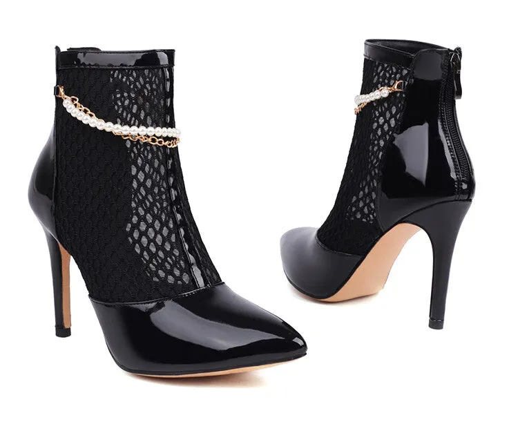 Women's Glossy Pointed Toe Mesh Pearls Chains Stiletto Heel Ankle Boots