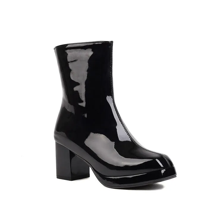 Women's Glossy Square Toe Block Heel Side Zippers Platform Short Boots