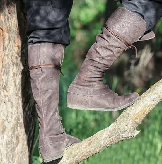 Women's knee high lace-up boots soft wide calf boots