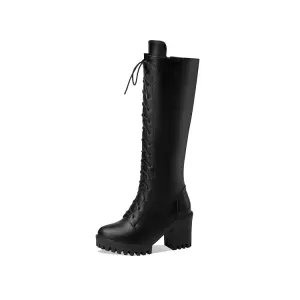 Women's Lace Up Block Heel Platform Mid Calf Boots