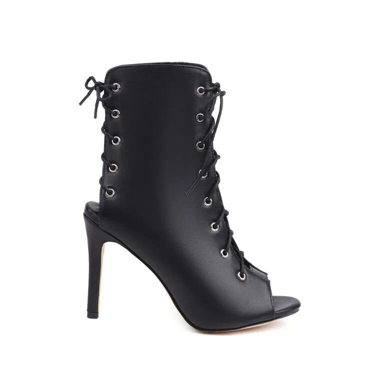 Women's Peep Toe Lace-Up Round Toe Stiletto Heel Ankle Boots