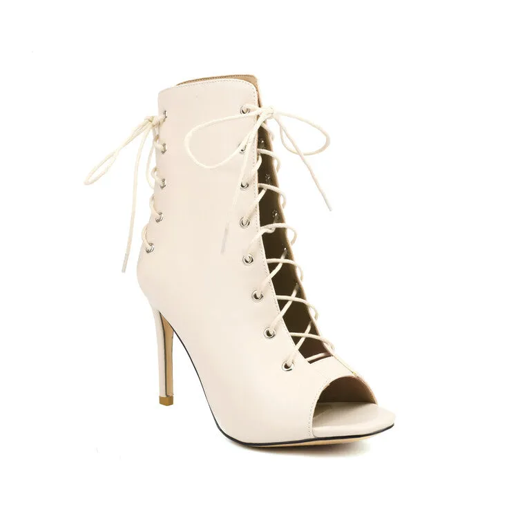 Women's Peep Toe Lace-Up Round Toe Stiletto Heel Ankle Boots