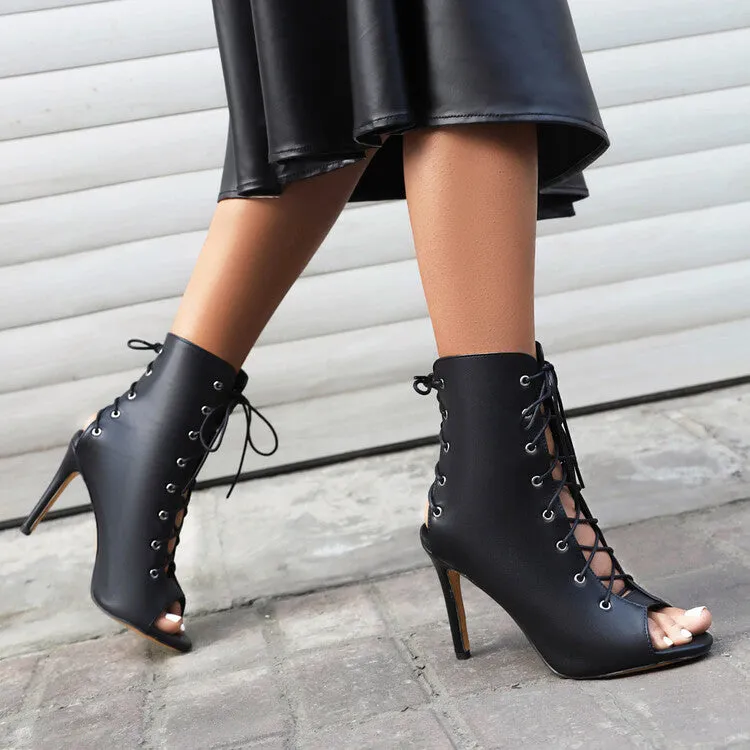 Women's Peep Toe Lace-Up Round Toe Stiletto Heel Ankle Boots