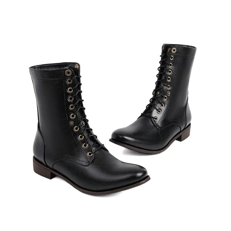 Women's Pointed Toe Rivets Lace Up Low Heels Riding Short Boots