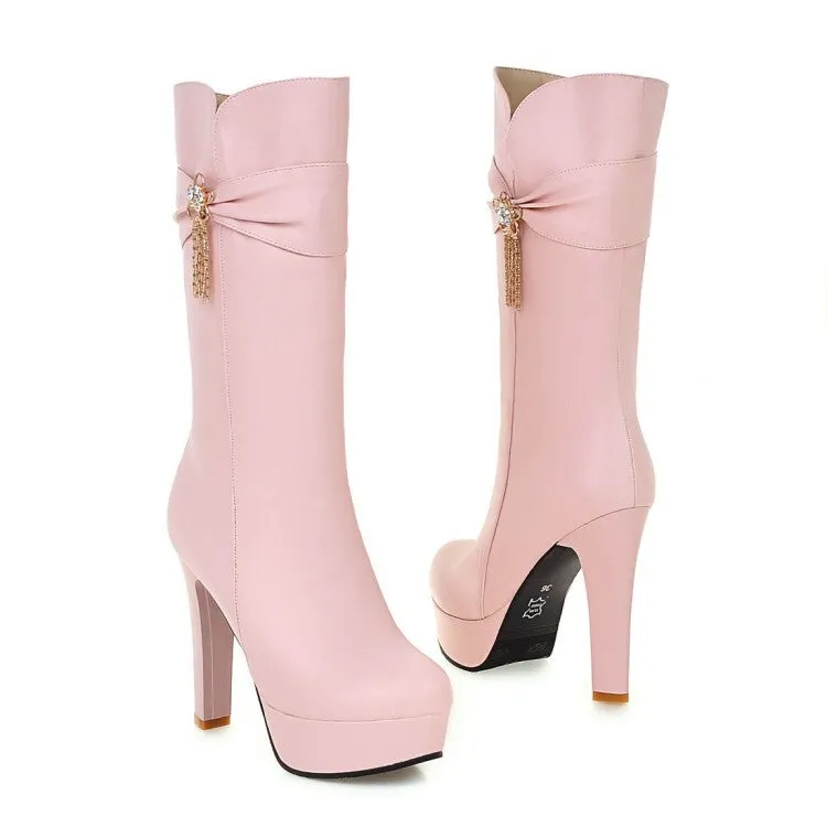 Women's Round Toe Rhinestone Flowers Block Chunky Heel Platform Mid-Calf Boots