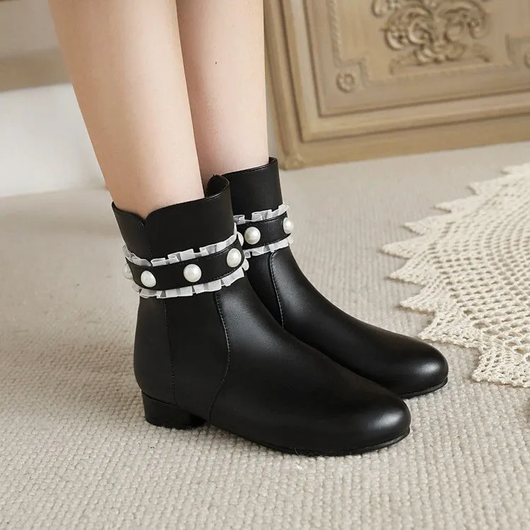 Women's Side Zippers Lace Pearls Low Heels Short Boots