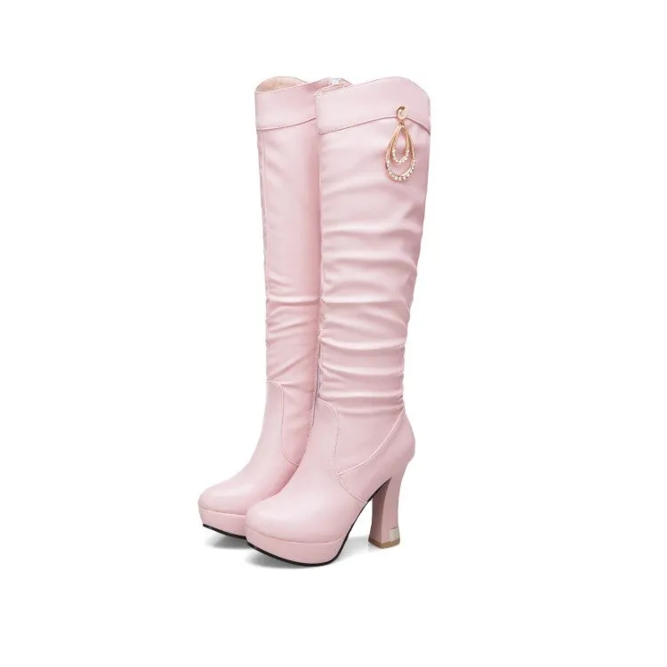 Women's Side Zippers Rhinestone Spool Heel Platform Knee High Boots