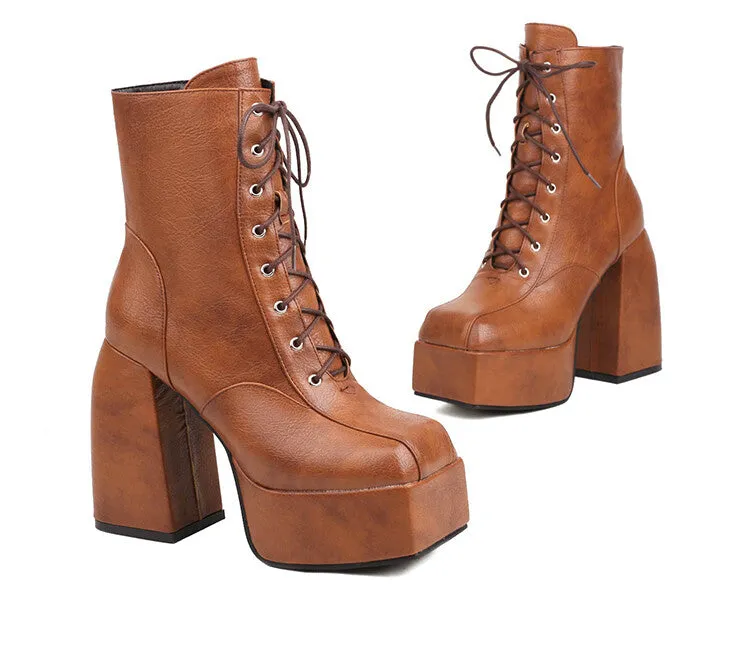 Women's Square Toe Lace-Up Side Zippers Block Chunky Heel Platform Ankle Boots