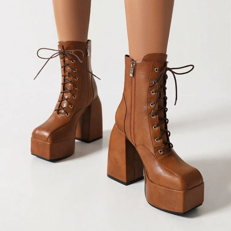 Women's Square Toe Lace-Up Side Zippers Block Chunky Heel Platform Ankle Boots