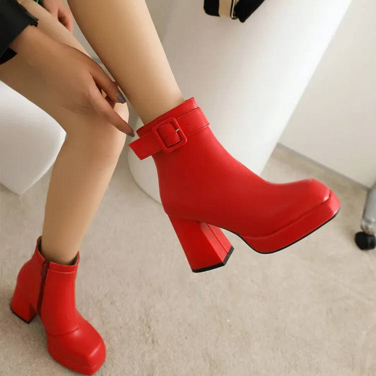 Women's Square Toe Side Zippers Block Chunky Heel Platform Buckle Straps Short Boots