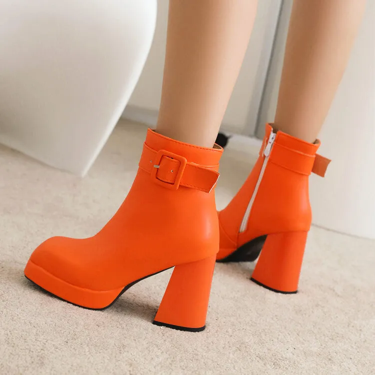 Women's Square Toe Side Zippers Block Chunky Heel Platform Buckle Straps Short Boots