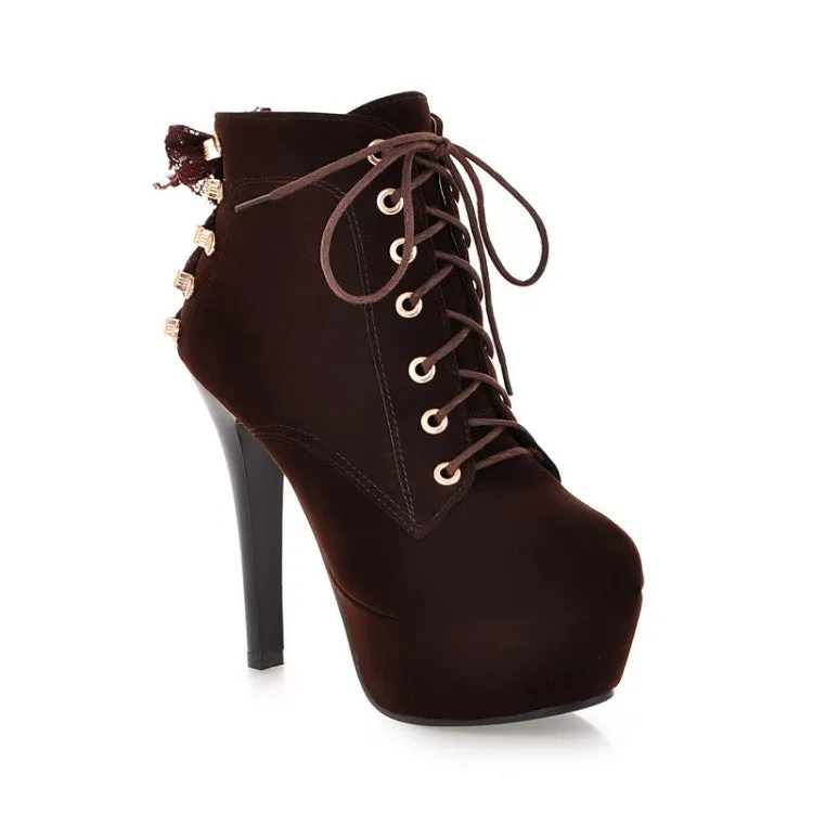 Women's
 Suede Round Toe Lace Up Back Tied Stiletto Heel Platform Short Boots